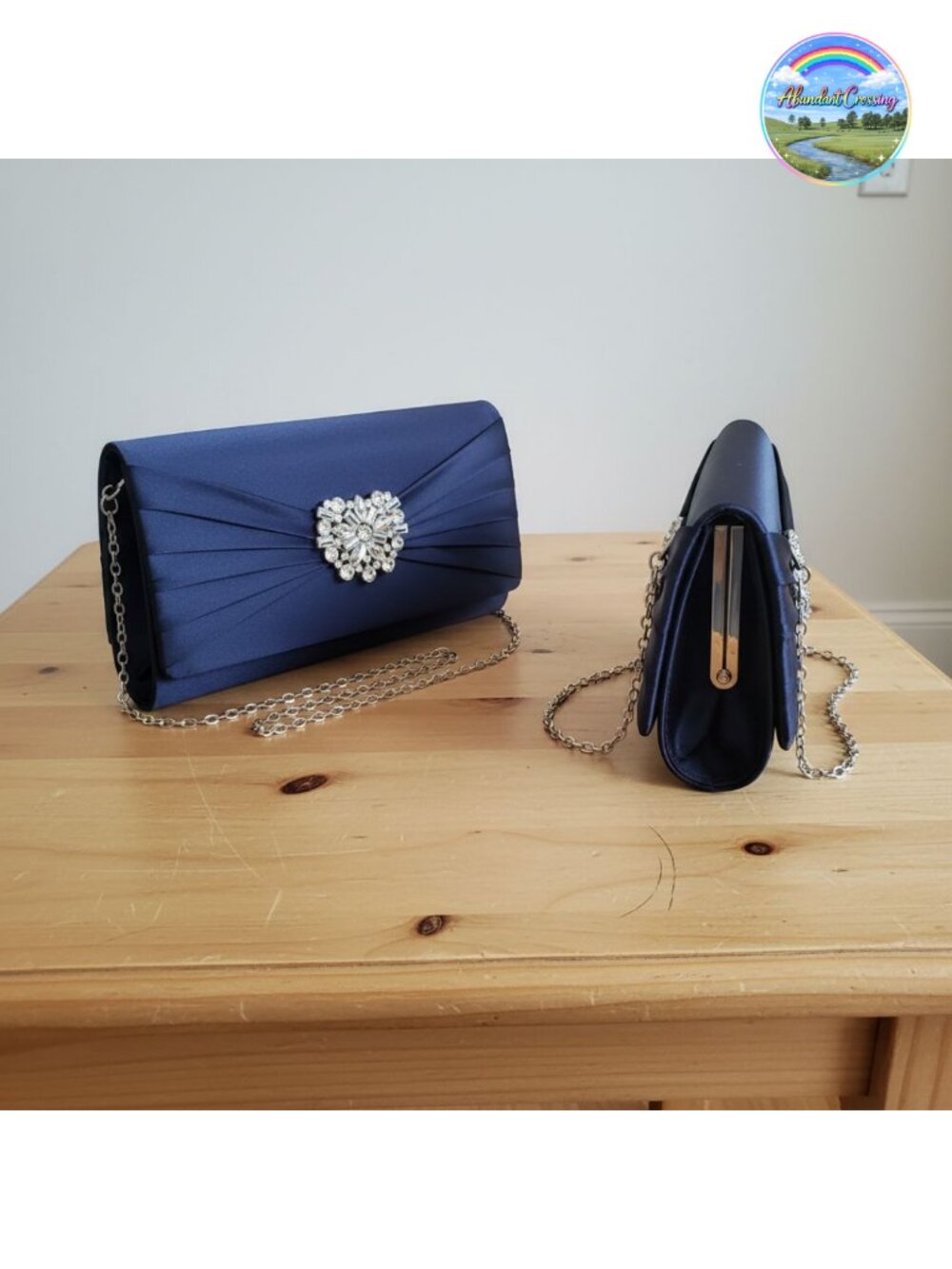 Pleated Satin Evening Clutch with Rhinestone Brooch, Detachable Chain